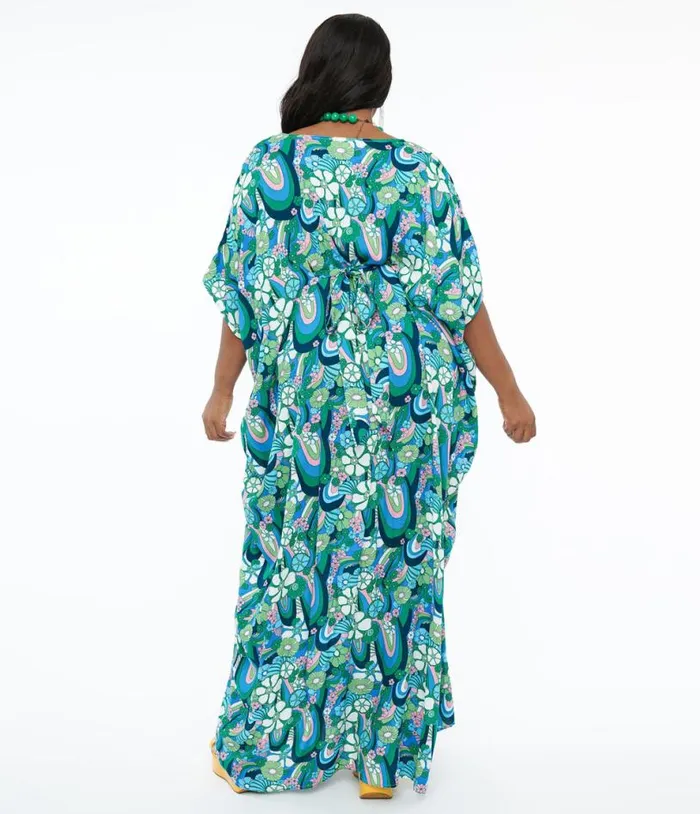 1970s Teal Psychedelic Floral Burton Caftan Dress DressesPlus Unique Vintage Midi and Maxi