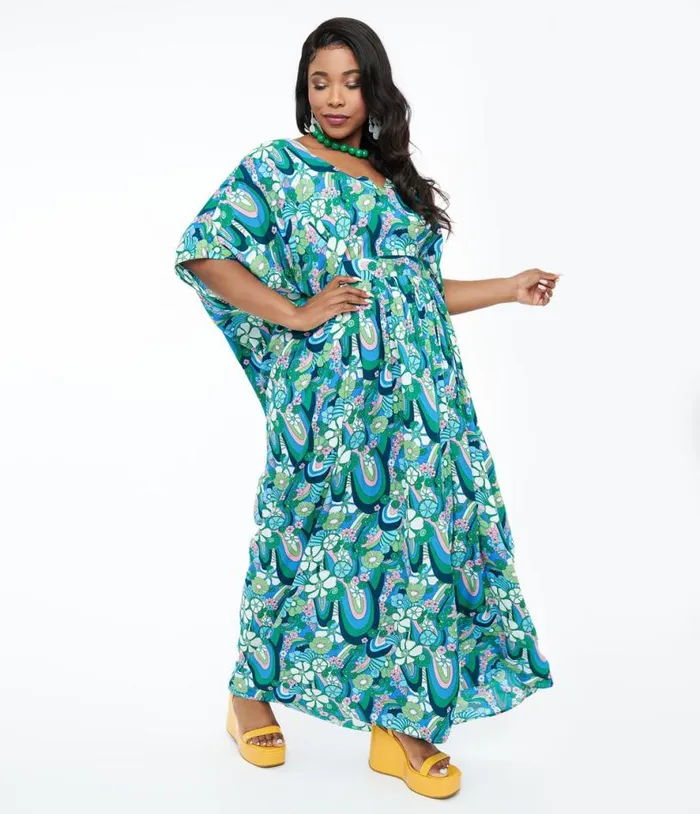 1970s Teal Psychedelic Floral Burton Caftan Dress DressesPlus Unique Vintage Midi and Maxi