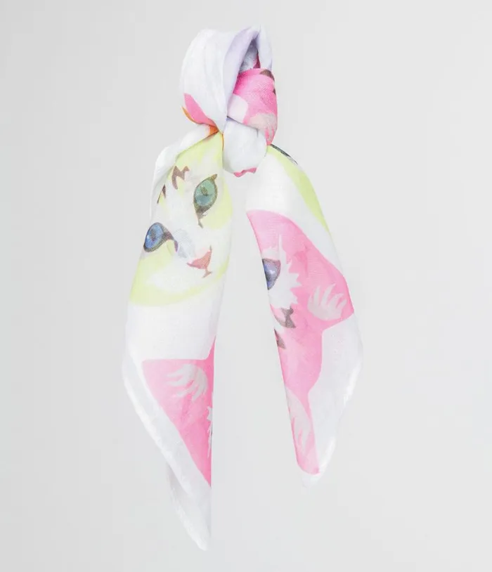 1970s White Cool Cat Print Hair Scarf Accessories Unique Vintage Hair Scarves