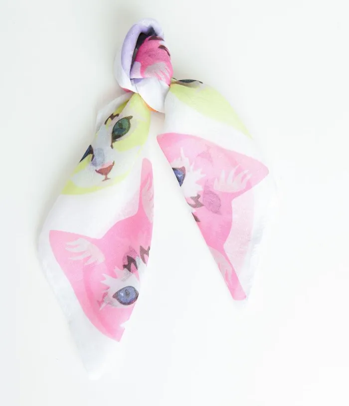 1970s White Cool Cat Print Hair Scarf Accessories Unique Vintage Hair Scarves