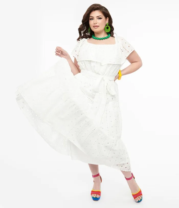 1970s White Eyelet Cotton Off The Shoulder Midi Dress Dresses Unique Vintage Midi 1970s White Eyelet Cotton Off The Shoulder Midi Dress Dresses Unique Vintage Midi
