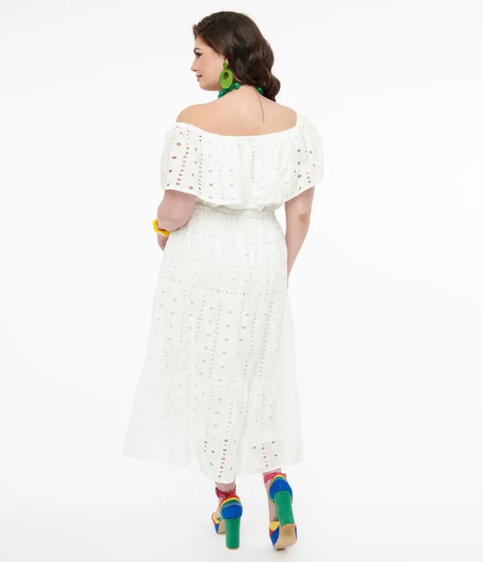 1970s White Eyelet Cotton Off The Shoulder Midi Dress Dresses Unique Vintage Midi