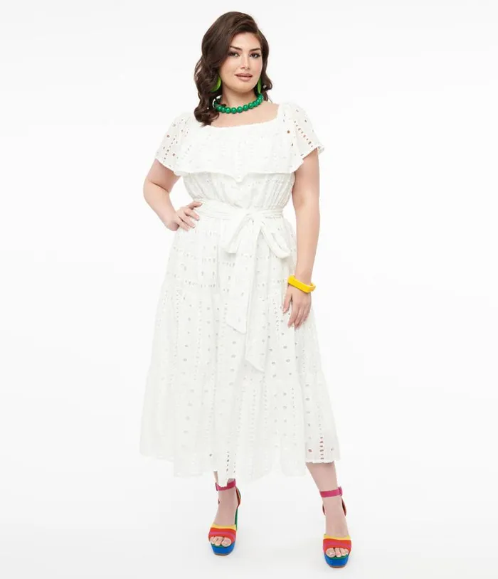 1970s White Eyelet Cotton Off The Shoulder Midi Dress Dresses Unique Vintage Midi