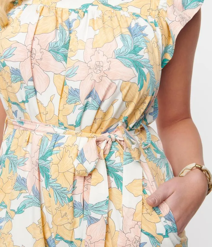 1970s White Pastel Floral Sashed Jumpsuit Clothing Unique Vintage Rompers and Jumpsuits