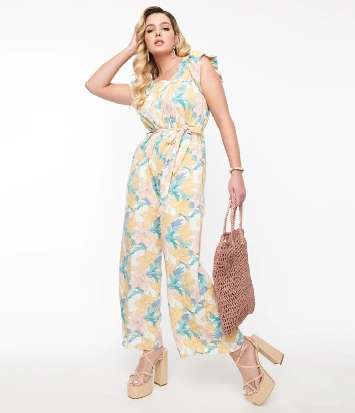 1970s White Pastel Floral Sashed Jumpsuit Clothing Unique Vintage Rompers and Jumpsuits