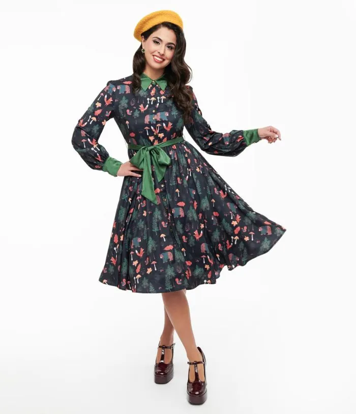 1970s Woodland Creature Print Shirt Dress Dresses Unique Vintage Midi