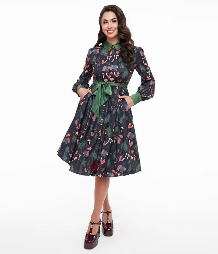 1970s Woodland Creature Print Shirt Dress Dresses Unique Vintage Midi