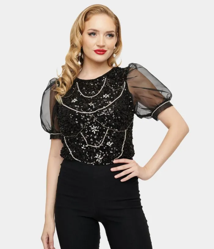 1980s Black Sequin and Rhinestone Organza Top Clothing Unique Vintage Blouses 1980s Black Sequin and Rhinestone Organza Top Clothing Unique Vintage Blouses
