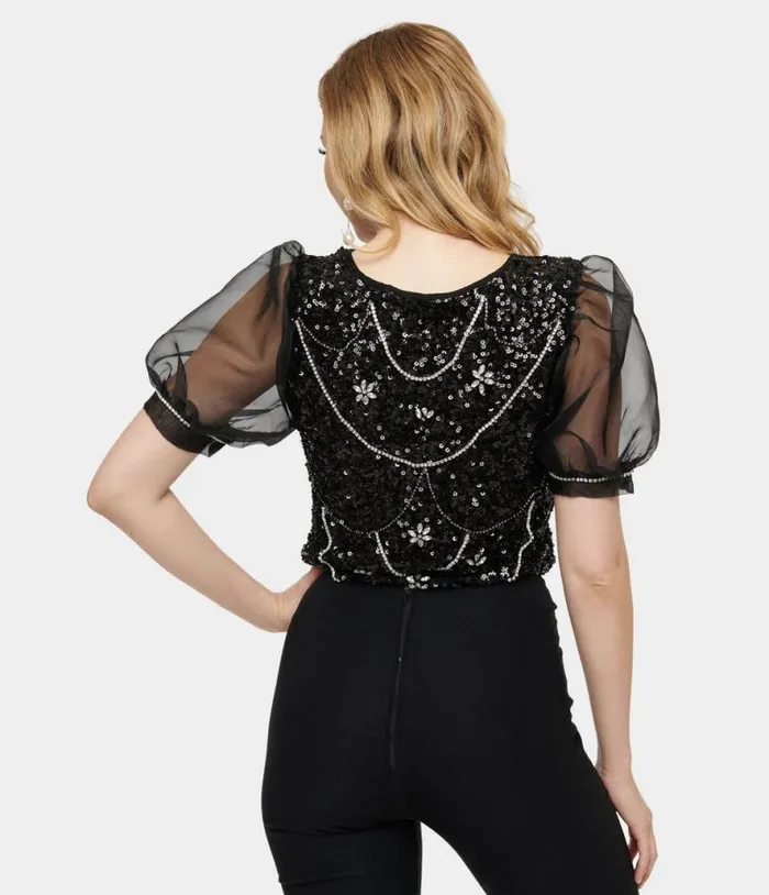 1980s Black Sequin and Rhinestone Organza Top Clothing Unique Vintage Blouses