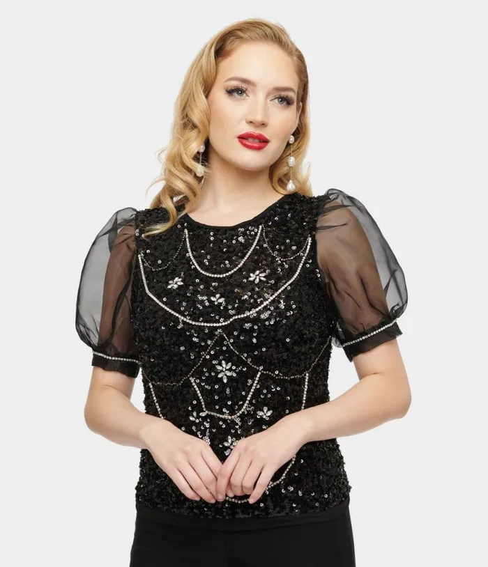 1980s Black Sequin and Rhinestone Organza Top Clothing Unique Vintage Blouses