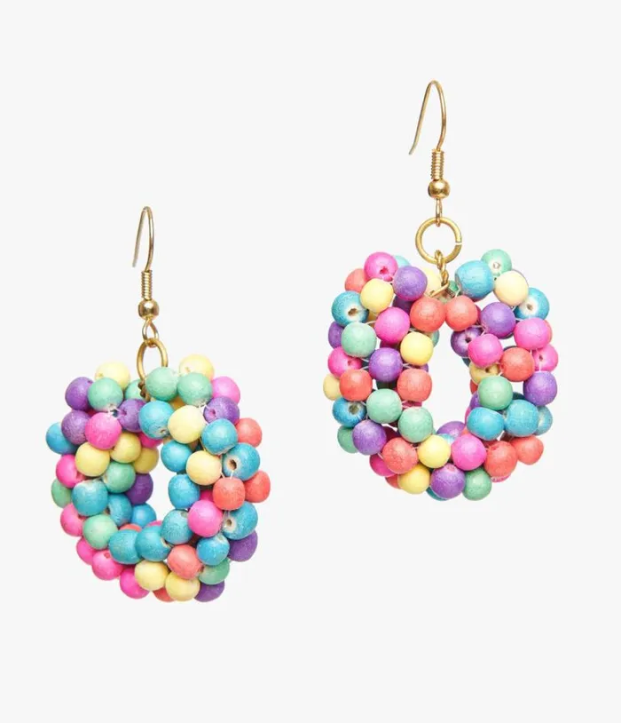 1980s Rainbow Wooden Bead Circle Earrings Accessories Unique Vintage Earrings 1980s Rainbow Wooden Bead Circle Earrings Accessories Unique Vintage Earrings