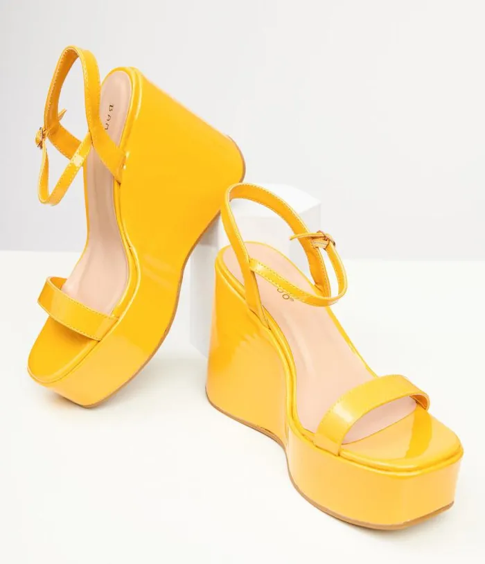 1990s Mustard Yellow Leatherette Platform Sandal Wedge Shoes Unique Vintage Heels