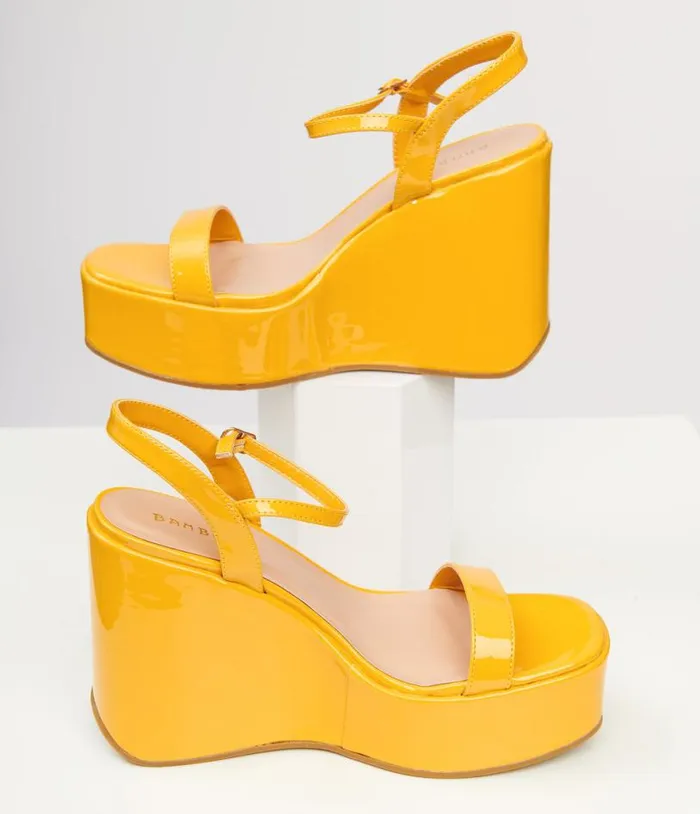 1990s Mustard Yellow Leatherette Platform Sandal Wedge Shoes Unique Vintage Heels