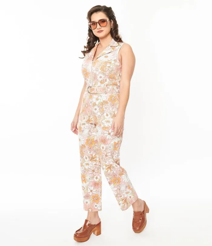Apricot Floral Belted Jumpsuit Clothing Unique Vintage Rompers and Jumpsuits
