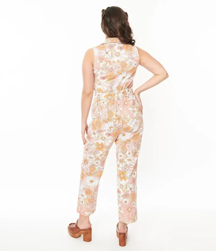 Apricot Floral Belted Jumpsuit Clothing Unique Vintage Rompers and Jumpsuits
