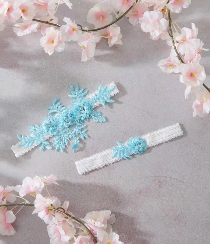 Aqua Blue Rhinestone Floral Garter Set Accessories Unique Vintage Stockings and Tights