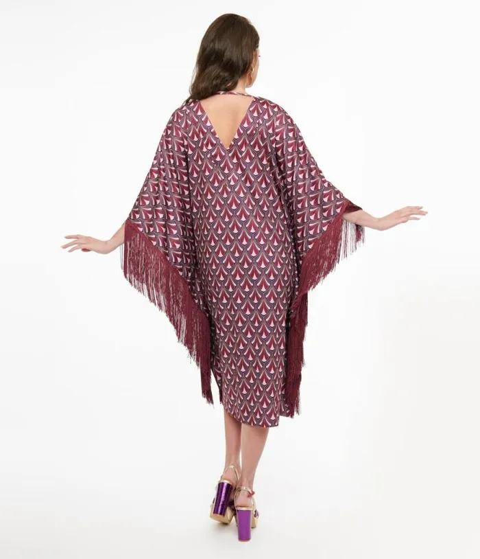 Audrey K Purple Art Deco Fringe Love Is A Drug Caftan DressesPlus Unique Vintage Midi and Maxi