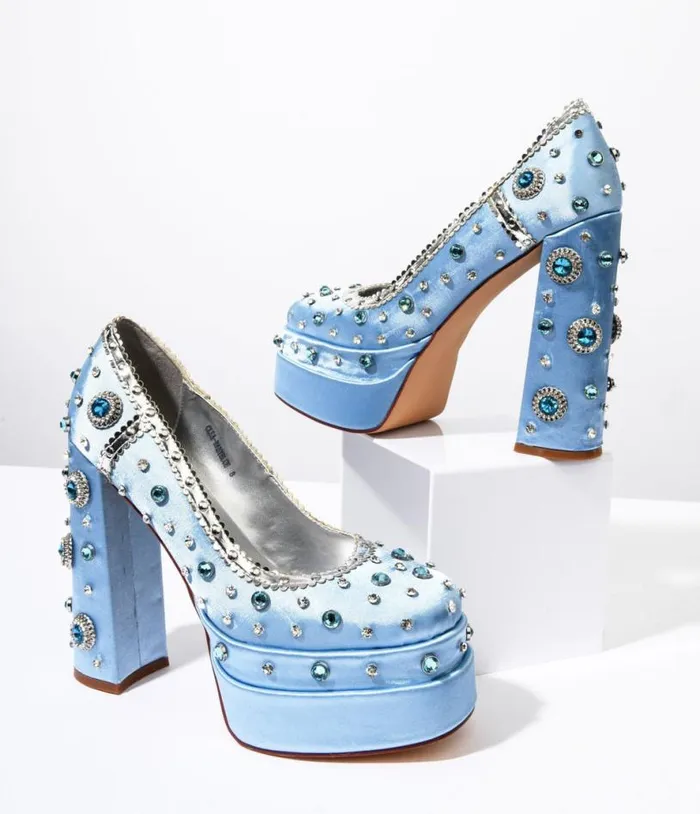 Baby Blue Rhinestone Embellished Platform Heels Shoes Unique Vintage Heels