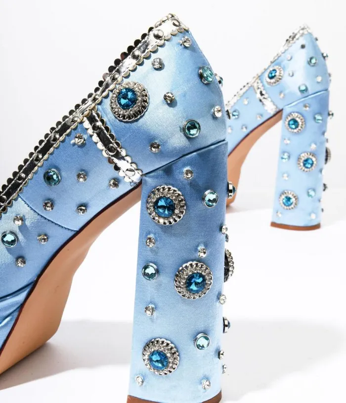 Baby Blue Rhinestone Embellished Platform Heels Shoes Unique Vintage Heels