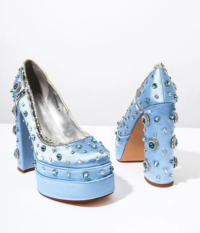 Baby Blue Rhinestone Embellished Platform Heels Shoes Unique Vintage Heels