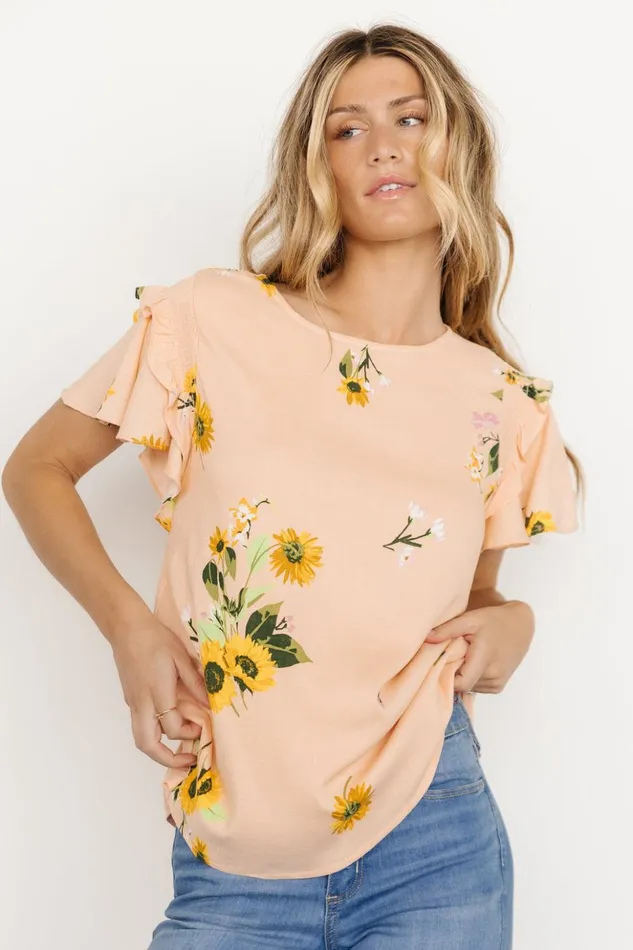 Baltic Born Blouses and Shirts Shelby Ruffle Sleeve Top Peach Sunflower Print 8211 Women Baltic Born Blouses and Shirts Shelby Ruffle Sleeve Top Peach Sunflower Print 8211 Women