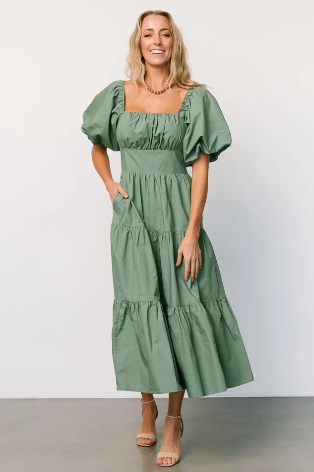 Baltic Born Midi Dresses Cindy Puff Sleeve Tiered Dress Dusty Green 8211 Women Baltic Born Midi Dresses Cindy Puff Sleeve Tiered Dress Dusty Green 8211 Women