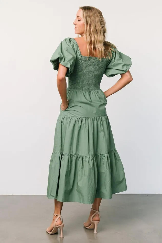 Baltic Born Midi Dresses Cindy Puff Sleeve Tiered Dress Dusty Green 8211 Women Baltic Born Midi Dresses Cindy Puff Sleeve Tiered Dress Dusty Green 8211 Women
