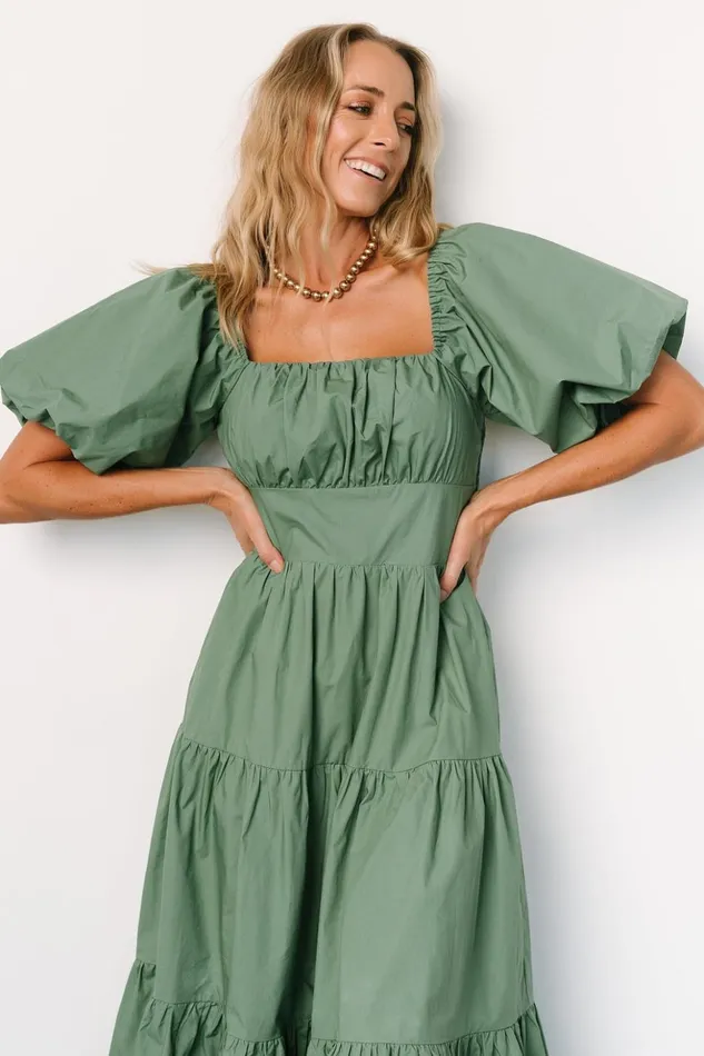 Baltic Born Midi Dresses Cindy Puff Sleeve Tiered Dress Dusty Green 8211 Women Baltic Born Midi Dresses Cindy Puff Sleeve Tiered Dress Dusty Green 8211 Women