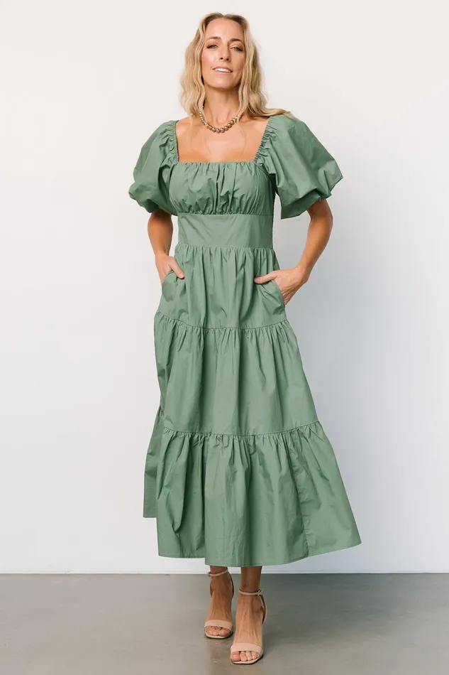 Baltic Born Midi Dresses Cindy Puff Sleeve Tiered Dress Dusty Green 8211 Women Baltic Born Midi Dresses Cindy Puff Sleeve Tiered Dress Dusty Green 8211 Women