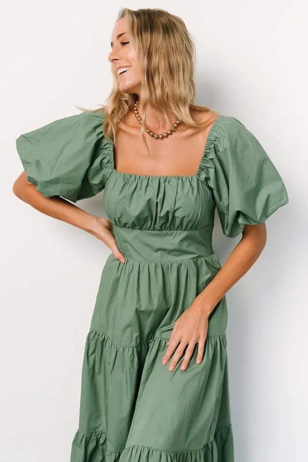 Baltic Born Midi Dresses Cindy Puff Sleeve Tiered Dress Dusty Green 8211 Women Baltic Born Midi Dresses Cindy Puff Sleeve Tiered Dress Dusty Green 8211 Women