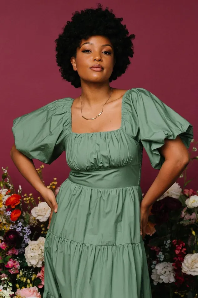 Baltic Born Midi Dresses Cindy Puff Sleeve Tiered Dress Dusty Green 8211 Women Baltic Born Midi Dresses Cindy Puff Sleeve Tiered Dress Dusty Green 8211 Women
