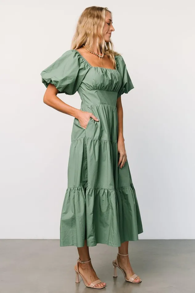 Baltic Born Midi Dresses Cindy Puff Sleeve Tiered Dress Dusty Green 8211 Women Baltic Born Midi Dresses Cindy Puff Sleeve Tiered Dress Dusty Green 8211 Women