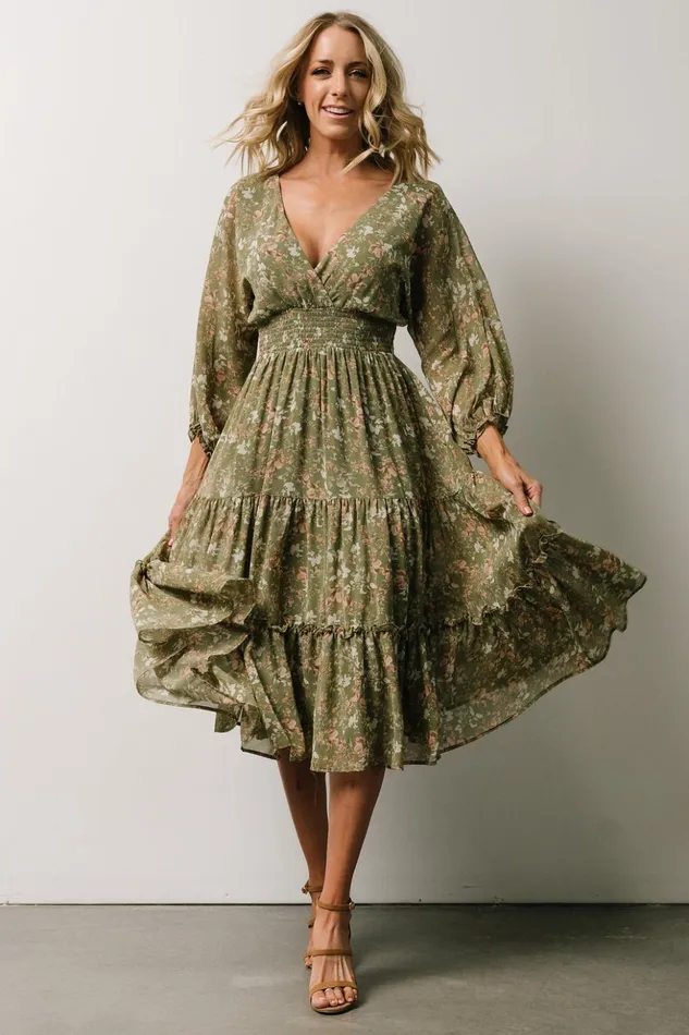 Baltic Born Midi Dresses Coventry Tiered Midi Dress Dusty Olive Floral 8211 Women Baltic Born Midi Dresses Coventry Tiered Midi Dress Dusty Olive Floral 8211 Women