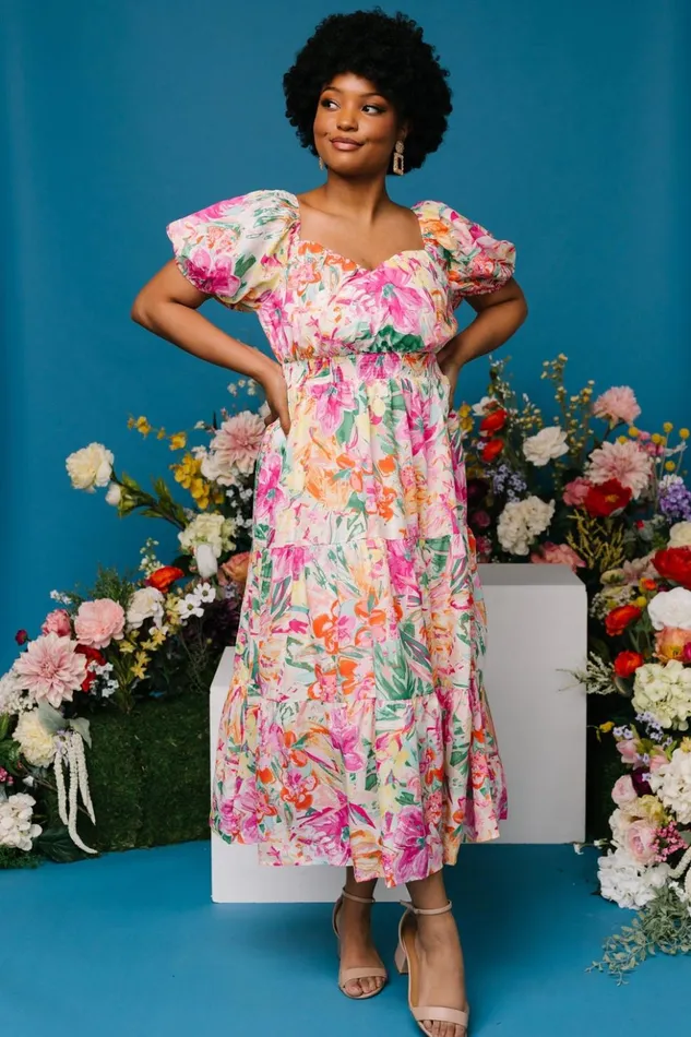 Baltic Born Midi Dresses Denzel Puff Sleeve Midi Dress Multi Floral 8211 Women Baltic Born Midi Dresses Denzel Puff Sleeve Midi Dress Multi Floral 8211 Women