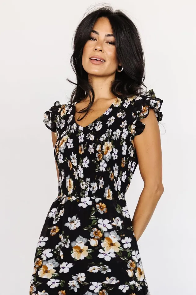 Baltic Born Midi Dresses Kenna Smocked Midi Dress Black Floral 8211 Women Baltic Born Midi Dresses Kenna Smocked Midi Dress Black Floral 8211 Women