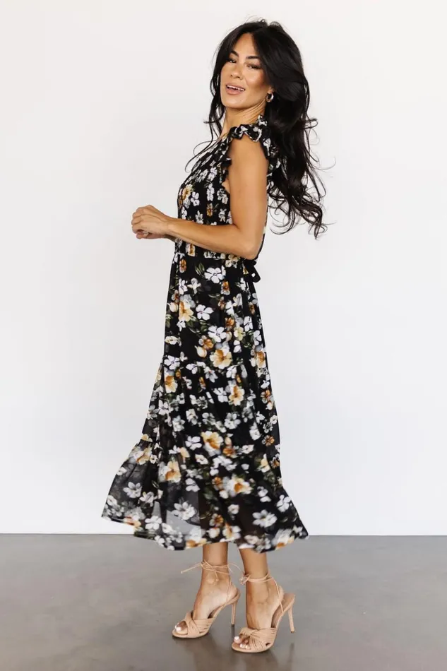 Baltic Born Midi Dresses Kenna Smocked Midi Dress Black Floral 8211 Women Baltic Born Midi Dresses Kenna Smocked Midi Dress Black Floral 8211 Women