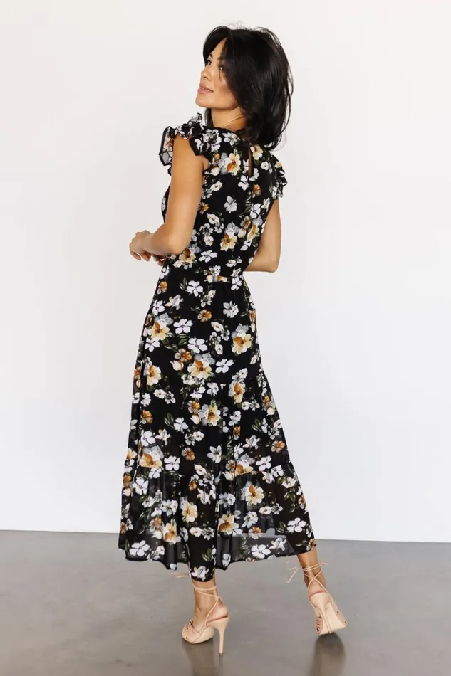 Baltic Born Midi Dresses Kenna Smocked Midi Dress Black Floral 8211 Women Baltic Born Midi Dresses Kenna Smocked Midi Dress Black Floral 8211 Women