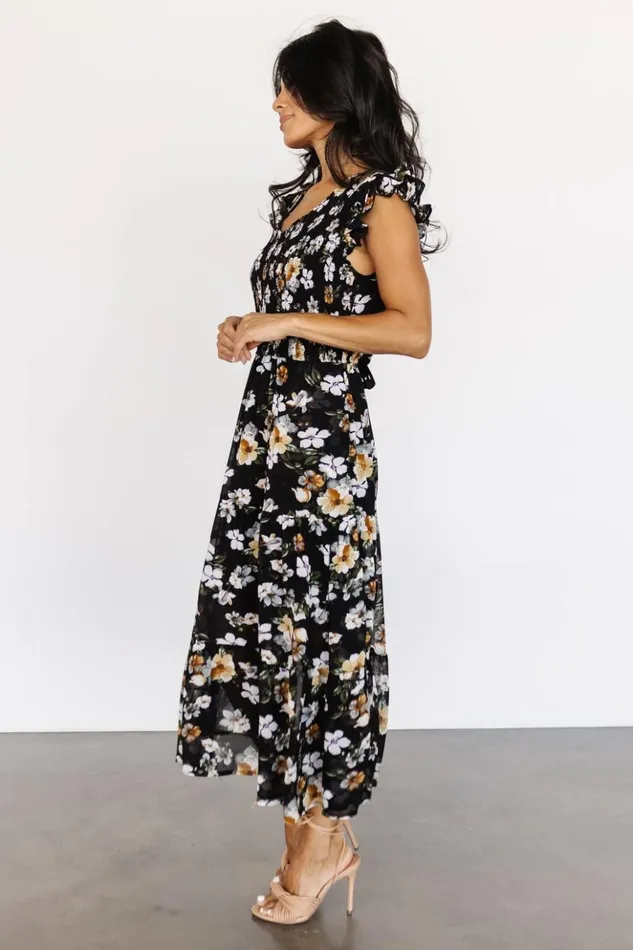 Baltic Born Midi Dresses Kenna Smocked Midi Dress Black Floral 8211 Women Baltic Born Midi Dresses Kenna Smocked Midi Dress Black Floral 8211 Women