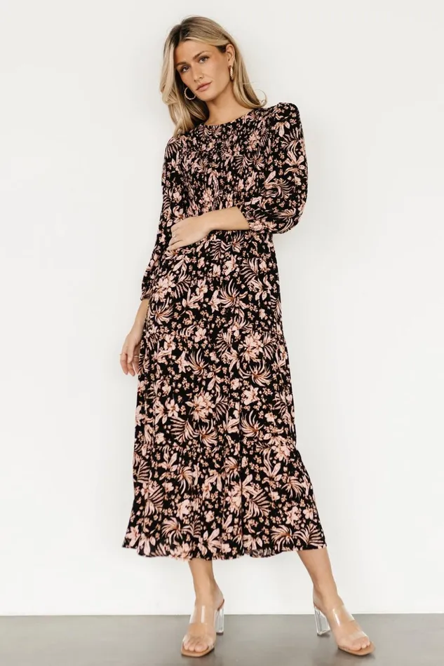 Baltic Born Midi Dresses Rochelle Smocked Midi Dress Black Multi Floral 8211 Women Baltic Born Midi Dresses Rochelle Smocked Midi Dress Black Multi Floral 8211 Women