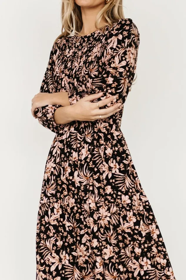 Baltic Born Midi Dresses Rochelle Smocked Midi Dress Black Multi Floral 8211 Women Baltic Born Midi Dresses Rochelle Smocked Midi Dress Black Multi Floral 8211 Women