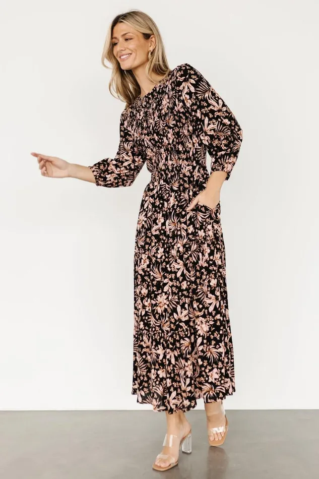 Baltic Born Midi Dresses Rochelle Smocked Midi Dress Black Multi Floral 8211 Women Baltic Born Midi Dresses Rochelle Smocked Midi Dress Black Multi Floral 8211 Women