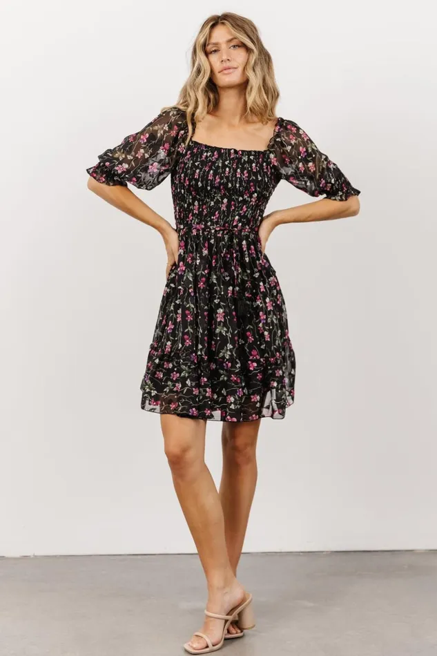 Baltic Born Short Dresses Azlyn Smocked Short Dress Black Purple Floral 8211 Women Baltic Born Short Dresses Azlyn Smocked Short Dress Black Purple Floral 8211 Women