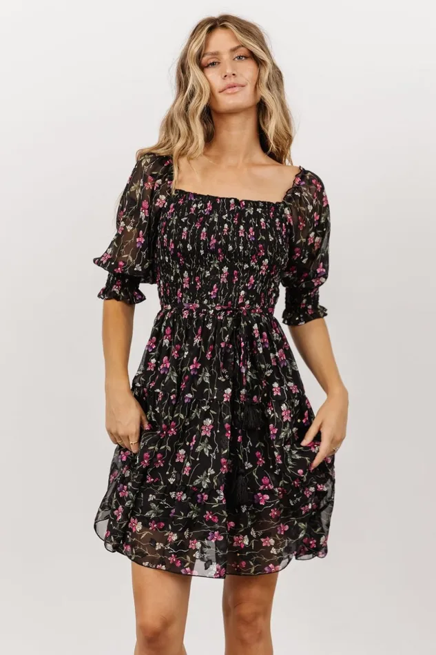 Baltic Born Short Dresses Azlyn Smocked Short Dress Black Purple Floral 8211 Women Baltic Born Short Dresses Azlyn Smocked Short Dress Black Purple Floral 8211 Women