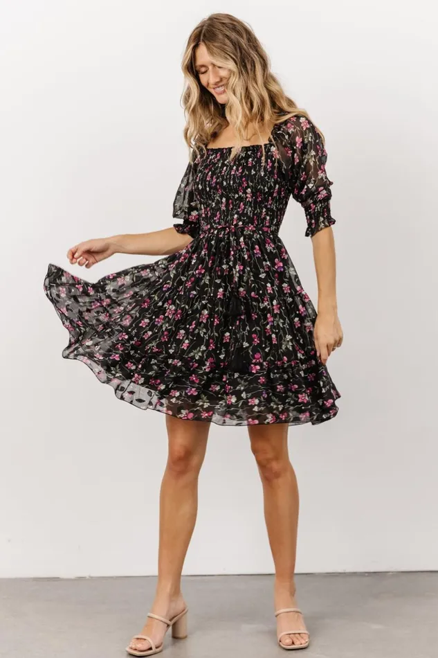 Baltic Born Short Dresses Azlyn Smocked Short Dress Black Purple Floral 8211 Women Baltic Born Short Dresses Azlyn Smocked Short Dress Black Purple Floral 8211 Women
