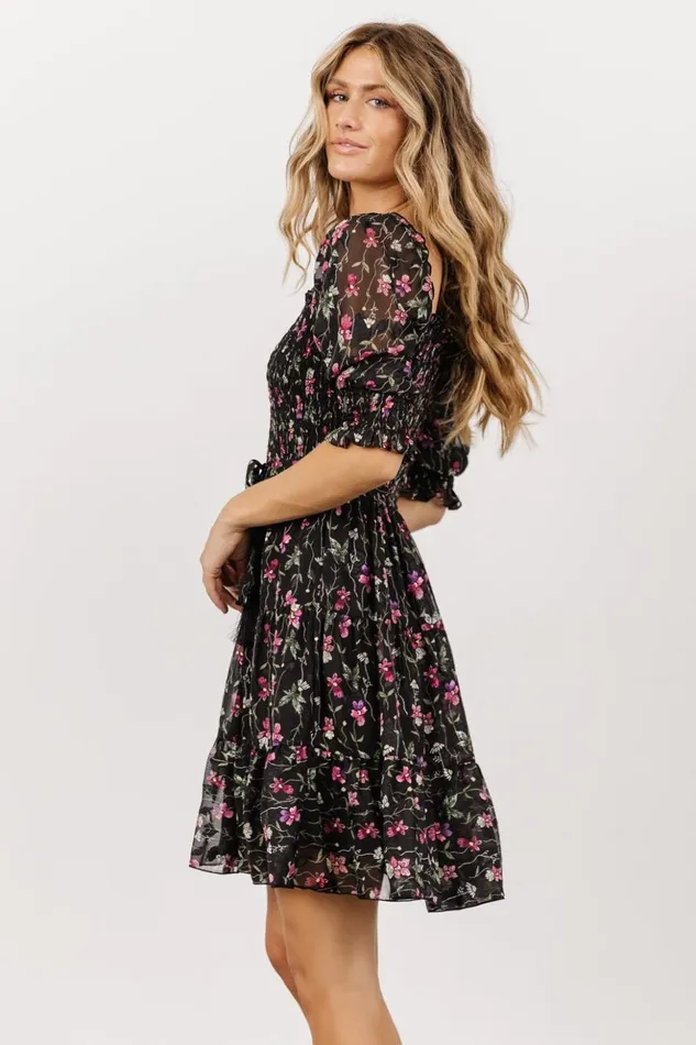 Baltic Born Short Dresses Azlyn Smocked Short Dress Black Purple Floral 8211 Women Baltic Born Short Dresses Azlyn Smocked Short Dress Black Purple Floral 8211 Women