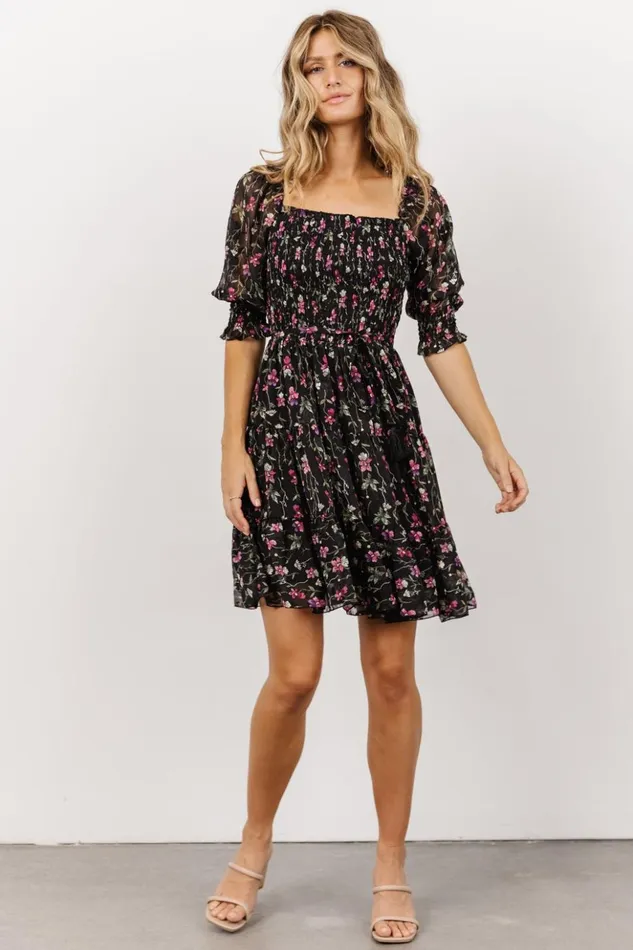 Baltic Born Short Dresses Azlyn Smocked Short Dress Black Purple Floral 8211 Women Baltic Born Short Dresses Azlyn Smocked Short Dress Black Purple Floral 8211 Women