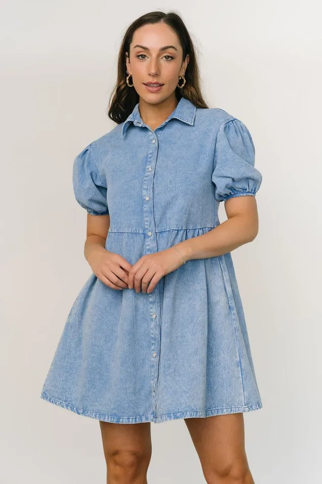 Baltic Born Short Dresses Fontana Puff Sleeve Short Dress Denim Blue 8211 Women Baltic Born Short Dresses Fontana Puff Sleeve Short Dress Denim Blue 8211 Women