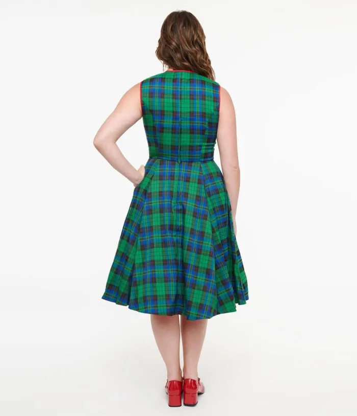 Banned 1950s Green and Blue Winter Check Swing Dress Dresses Unique Vintage Pocket Dresses