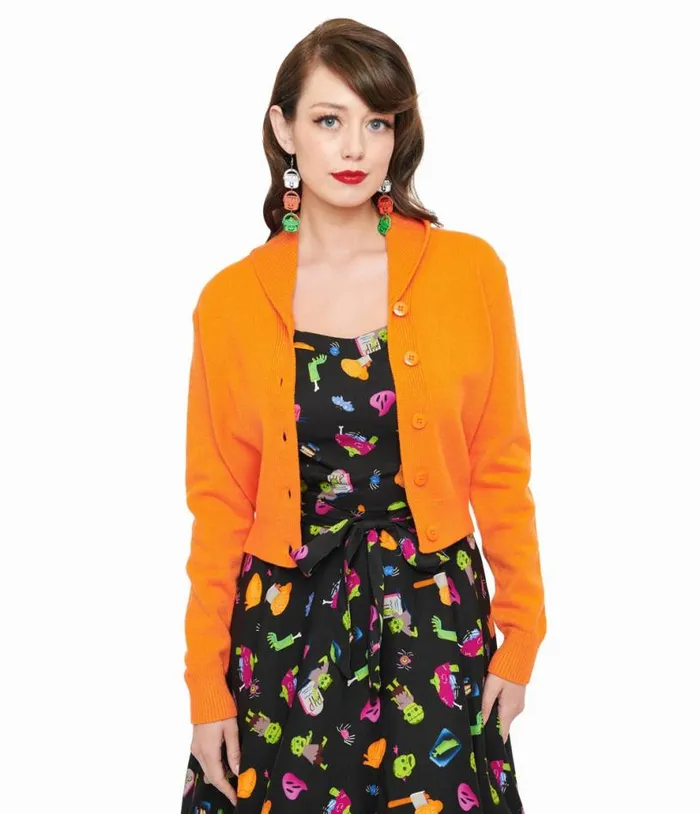 Banned 1950s Pumpkin Orange Cropped Cardigan Clothing Unique Vintage Sweaters and Cardigans