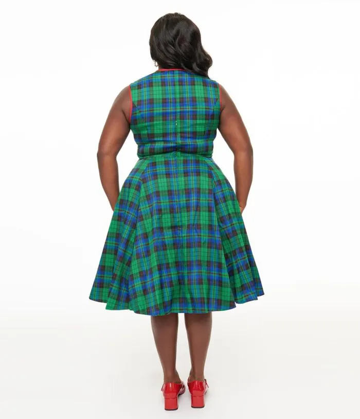 Banned Plus Size 1950s Green and Blue Winter Check Swing Dress DressesPlus Unique Vintage Pocket Dresses